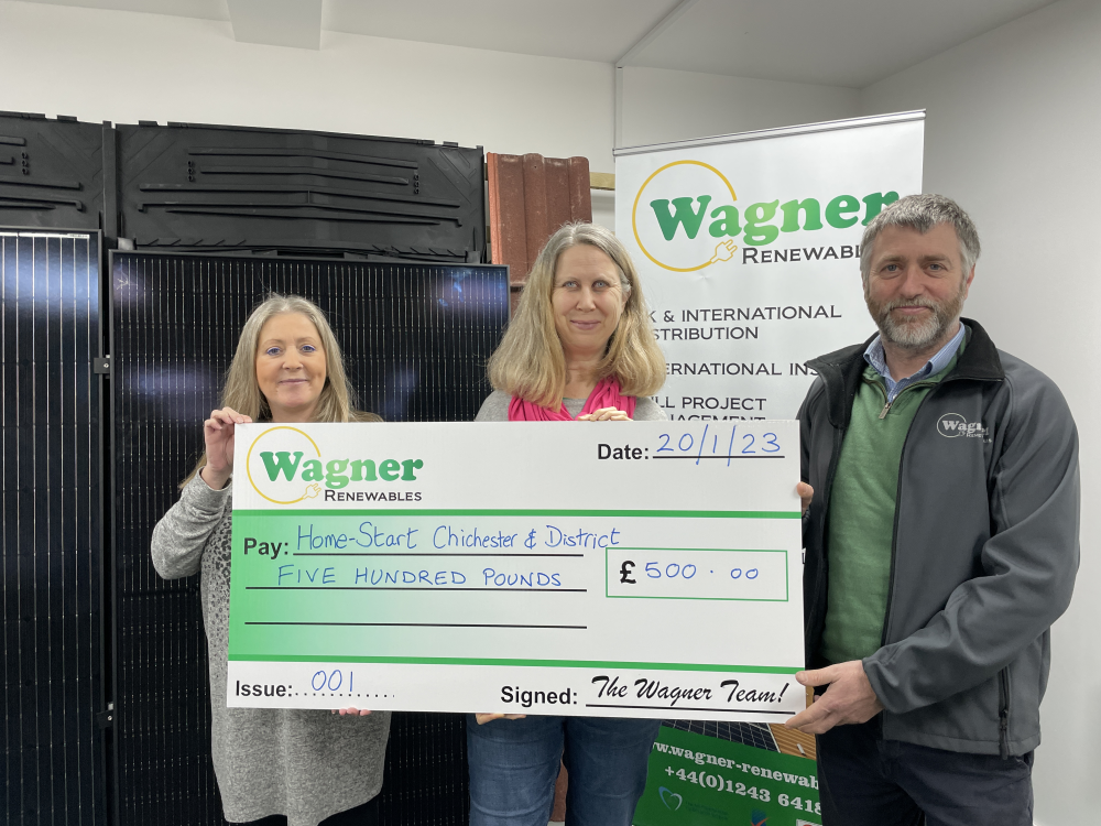 Home Start Chichester receiving a charity donation from Wagner Renewables Ltd