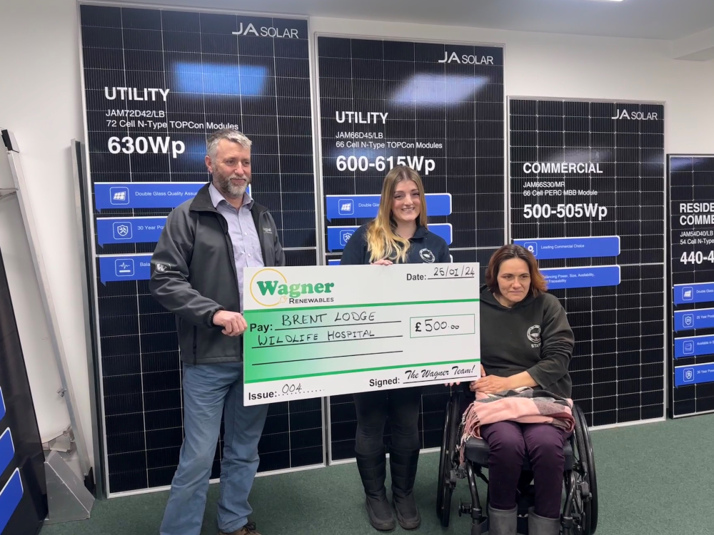Brent Lodge Wildlife Hospital receive a cheque from Wagner Renewables Ltd