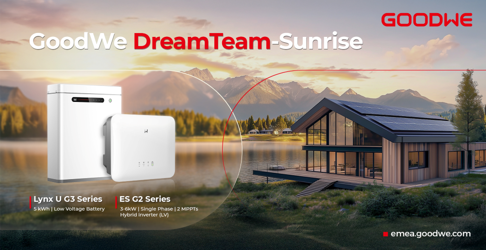 Image of goodwe inverter and batteries both white looking boxes against a house and lake view background