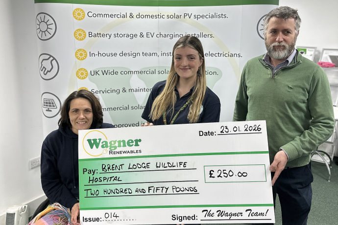 Representatives from Brent Lodge Wildlife hospital receiving a cheque from Mark Osborne of Wagner Renewables